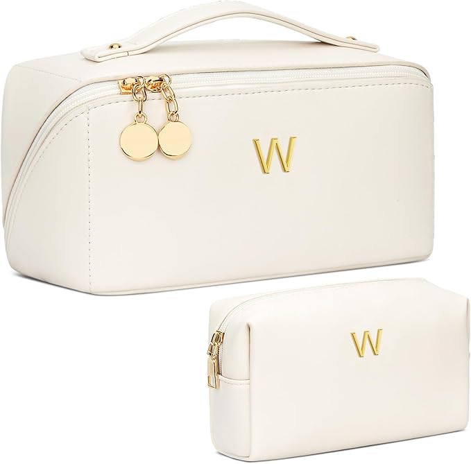 Birthday Gifts for Women Teen Girl, Personalized Initial Makeup Organizer Bag Set, Open Flat Travel Cosmetic Bag With Clear Divider and Handle(Beige,W)