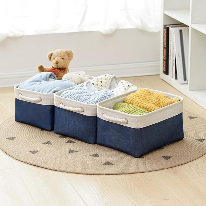 TheWarmHome Storage Basket for Organizing - Medium 3 Pack 14x10x7 inch Fabric Storage Cubes for Shelves with Rope, Collapsible Storage Bin for Organizer Closet Cloth Gift Toy (White & Jean Blue)