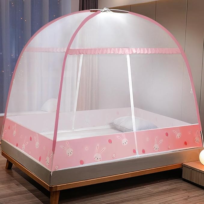 Pop-Up Mosquito Net Tent for Beds Portable Folding Canopy with Net Bottom, Fits Twin to King Size 79x71x59inch, Easy Install Wash for Baby Adults, Indoor Outdoor Use (Pink Rabbit-Queen Bed)