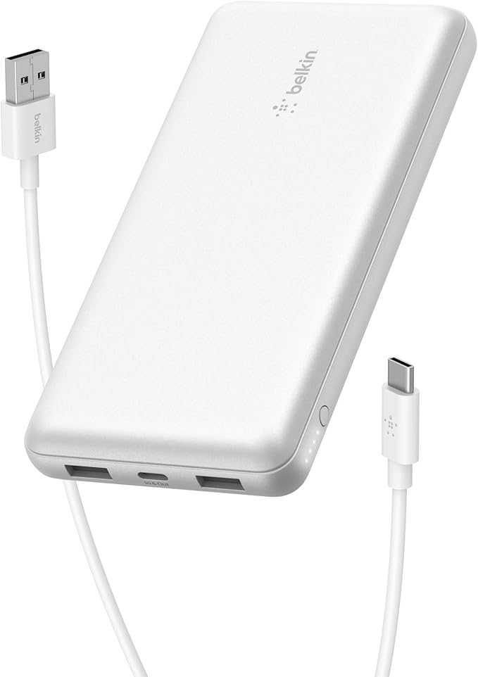Belkin Portable Charger, USB C Power Bank 20000 mAh w/ 1xUSB-C Port & 2xUSB-A Ports, 15W w/Type-C to Type-A Cable - iPhone 16, Samsung Galaxy S25, Nintendo Switch 2, Google Pixel 10, etc. - White