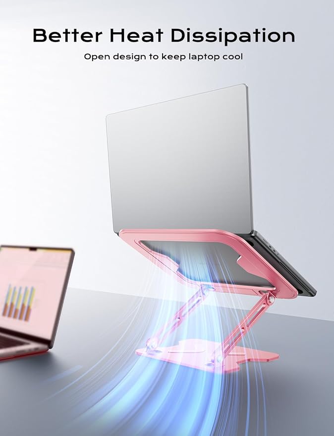 Adjustable Laptop Stand for Desk, Metal Foldable Laptop Riser, Portable Laptop Holder Mount, Ventilated Cooling Computer Notebook Stand for MacBook Air Pro, All 10-16'' Notebooks Laptops, Pink