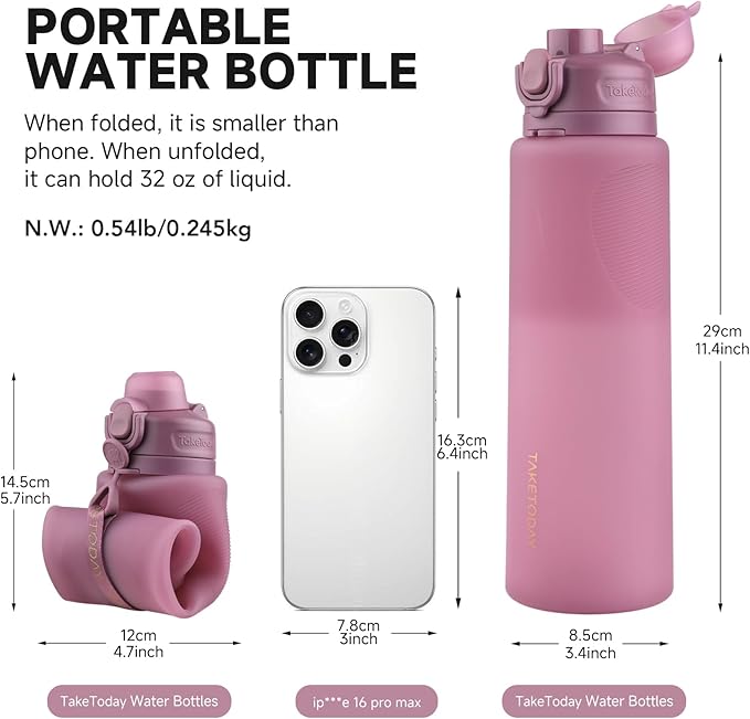 TakeToday Collapsible Water Bottles 32oz, Foldable Travel Water Bottle, BPA Free, Silicone Water Bottle Leakproof for Hiking, International Travel, Outdoors