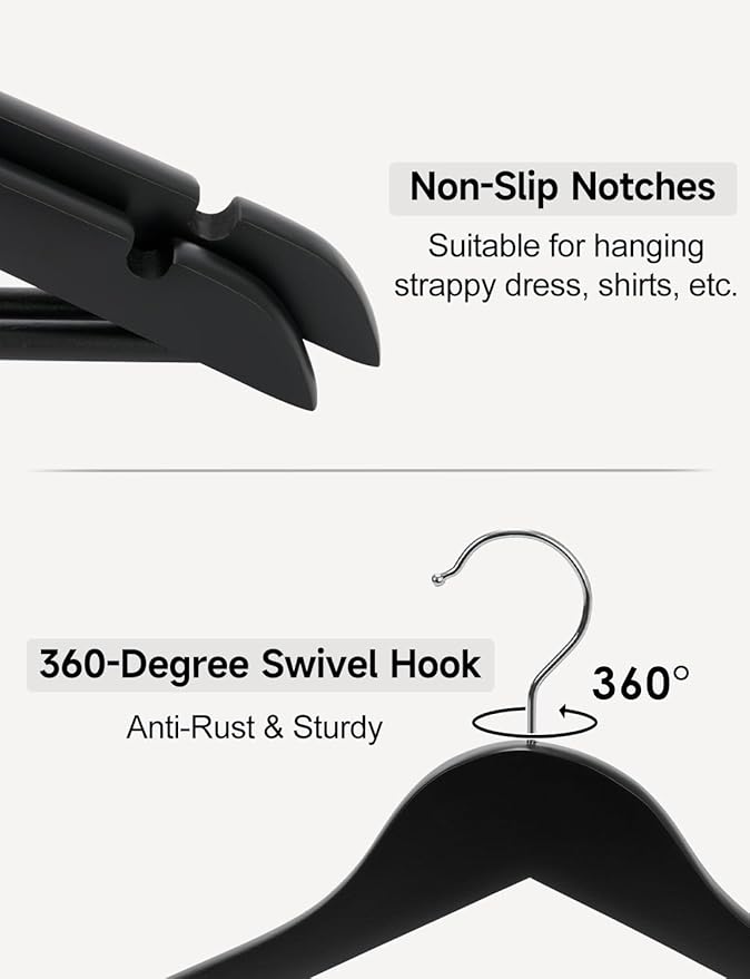 StorageWorks Black Wooden Hangers, 20 Pack Wood Hanger for Closet, Coat Hangers for Coats, Shirts, Pants, Suits