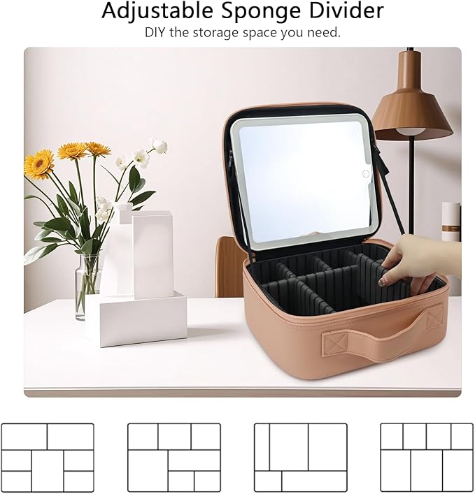 Travel Makeup Bag with LED Mirror Travel Makeup Organizer with 3 Lighted Settings, Adjustable Dividers and Makeup Brush Storage Bag Khaki