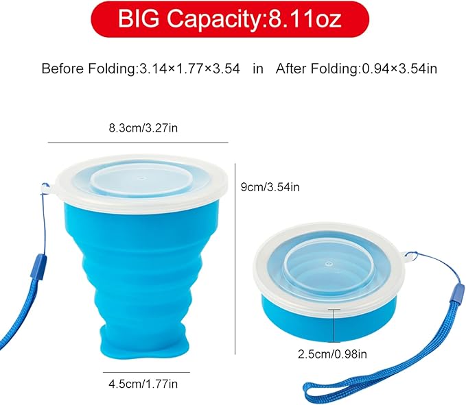 3 Pack Collapsible Water Cup Camping Cups Foldable Drinking Cup Travel Cups Silicone Collapsible Cups with Lid Portable Cup for Outdoor Hiking