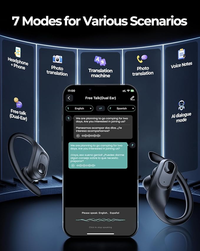 AI Translation Earbuds Real Time, 164 Language Translator Earbuds, 96H Playtime Translation Headphones, Noise Canceling, Audifonos Traductores Inglés Español for Business Meeting Travel Learning