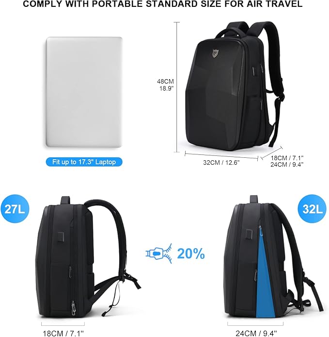 FENRUIEN Hardshell Backpack Expandable,Anti Theft Laptop Backpack for Men with USB Port,Water Resistant Computer Bag 17.3 Inch for Travel/Business