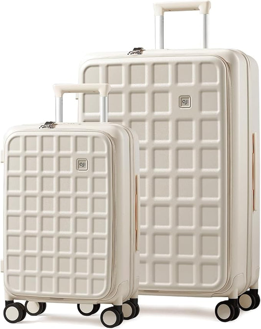 aji Expandable Top Opening Luggage Sets 2 Piece with Spinner Wheel, 20/26 Inch Luggage with TSA Lock, Lightweight PC Hard Shell Travel Luggage Suitcases for Men Women, 2-Piece Set, Coconut White