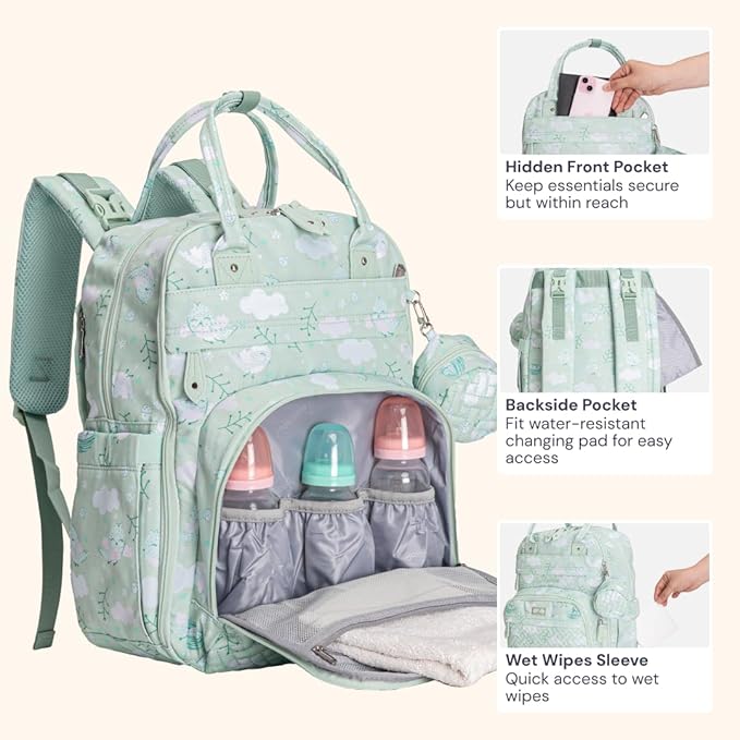 BabbleRoo Diaper Bag Backpack - Baby Essentials Travel Tote - Multi Function Water Resistant Diaper Bag, Travel Essentials Baby Bag with Changing Pad, Stroller Straps & Pacifier Case - Green Birdy