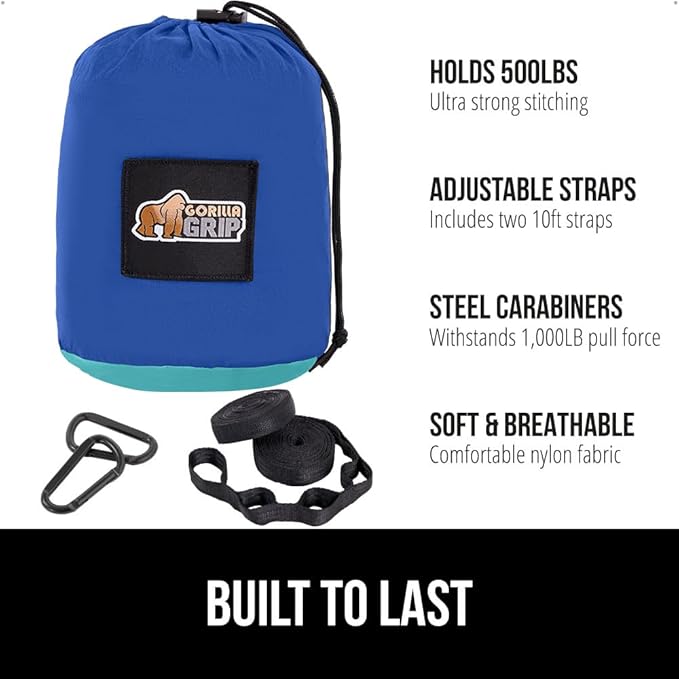 GORILLA GRIP Durable Portable Camping Hammock, Holds 500lbs with Heavy Duty Tree Straps, Comfortable Travel Swing, Camp Hammocks, Easy to Use and Install, Outdoor Essentials, Blue, 10x6.5 FT