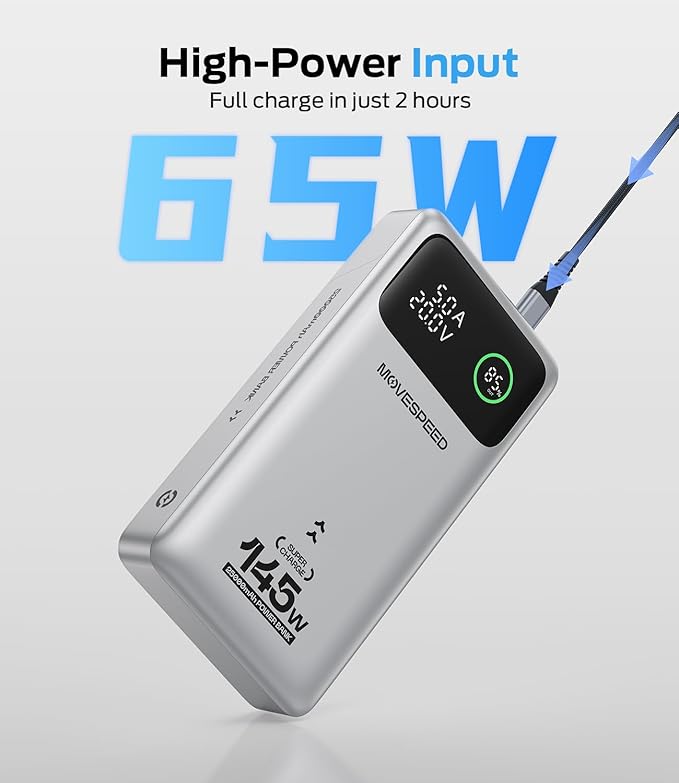 MOVE SPEED 145W Laptop Power Bank, PD 3.1 25,000mAh Fast Charging Portable Charger with 240W Type C Cable, USB C 3-Port with Digital Display Travel Outdoor Charger for iPhone, Dell, MacBook, Galaxy