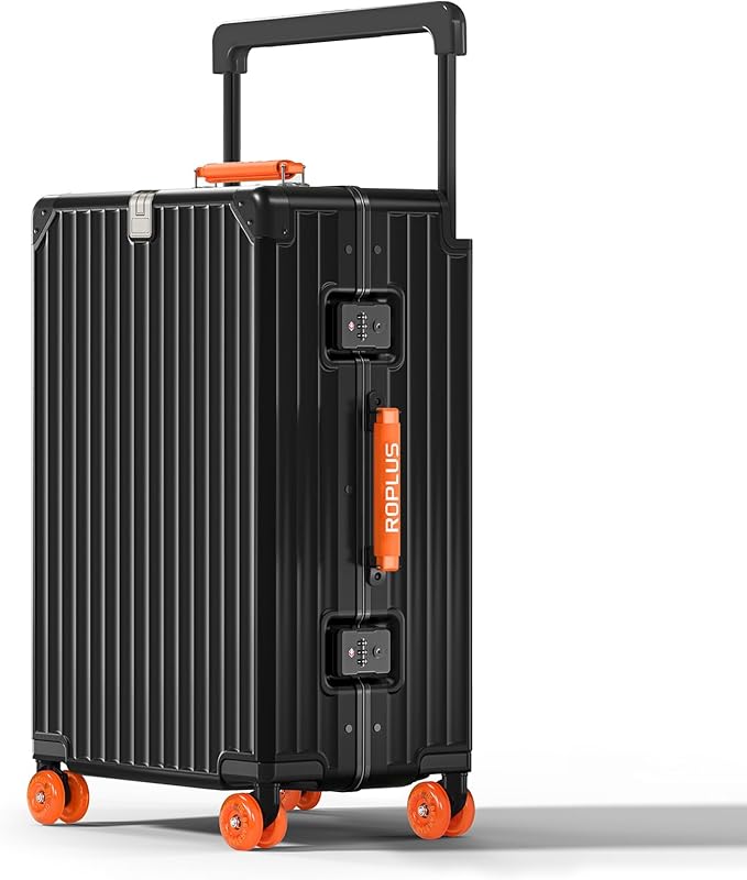 Aluminium Frame Checked-Luggage with Smooth Jelly Wheels, Hardside Zipperless Rolling Suitcase with TSA Lock (BlackOrange, 24-Inch)