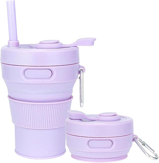 Silicone Collapsible Travel Mug Purple 15oz / 450ml - Leak-Proof Reusable Silicone Water Bottle for Hot and Cold Beverages - Travel Office and Home - Dishwasher Safe - Straw Included