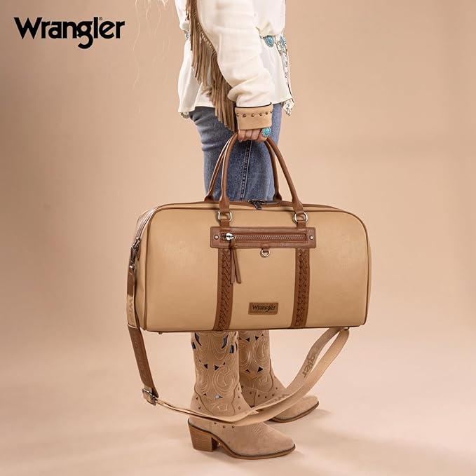 Wrangler Travel Duffel Bag Large Weekender Bag for Women Designer Carry on Overnight Bag for Trips Leather Luggage Bag Tan