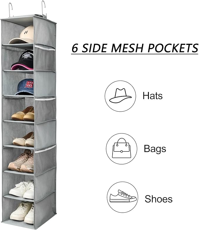 Hanging Shoe Organizer for Closet with Side Mesh Pockets，Hat Racks for Baseball Caps，Shoe and Hat Holder & Storage，8-Shelf，Gray，1 Pack