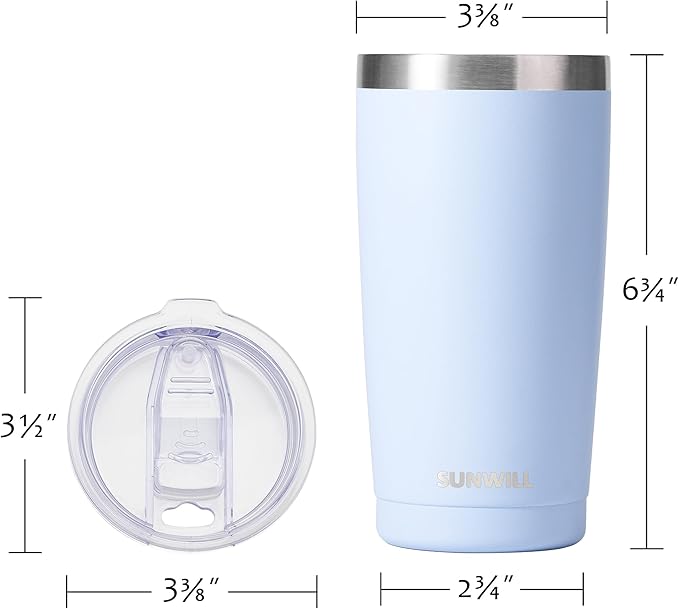 SUNWILL Travel Coffee Tumbler 20 oz, Insulated Mug with Lid, Stainless Steel Cup for Hot and Cold Drinks, Powder Coated Iceberg
