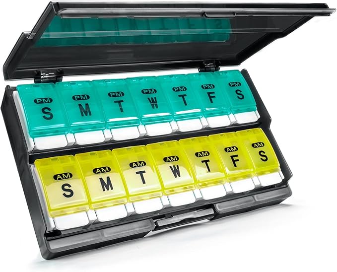 Extra Large Weekly Pill Organizer 2 Times a Day - Remtise Am/Pm Daily Pill Case Medicine Organizer, Push Button 7 Day Pill Box for Pills/Vitamin/Cod Liver Oil/Supplements (Cyan & Yellow)