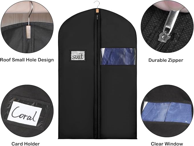 Syeeiex 40" Suit Bag(Set of 8), Suit Bags for Closet Storage, Garment Bags for Hanging Clothes, Suit Cover Bags for Suits, T-shirts, Jackets, Coats, Business Wear (Black)