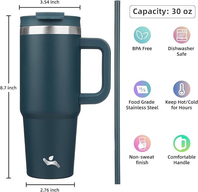 30 oz Tumbler with Handle and 2 Straws,2 in 1 Lid Insulated Water Bottle Stainless Steel Travel Coffee Mug,Navy blue