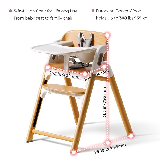 Momcozy DinerPal Wooden High Chair for Babies, Toddlers & Adults Up to 308 Lbs, Convertible Baby Highchair with Food-Grade Tray, Dishwasher-Safe, Adjustable & Ergonomic, Natural Wood