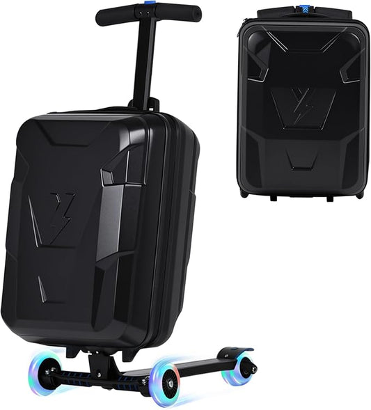 smilesun Scooter Suitcase for Kids & Adults, Foldable Carry On Travel Luggage, Hardside Ride on Scooter Suitcase with LED Light up Wheels，Black