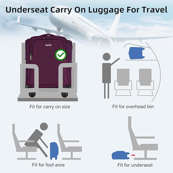 16 Inch Underseat Carry On Luggage with Wheels Softside Small Suitcases Personal Item Bag with Pocket Travel Luggage for Men Women Business Overnight Bag(Purple)