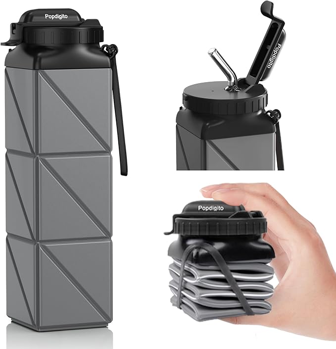 Collapsible Water Bottles 20.6oz Foldable Water Bottle BPA Free Reusable Lightweight LeakProof Travel Silicone Water Bottles for Travel Gym Hiking Camping (Upgrade Dark Grey)