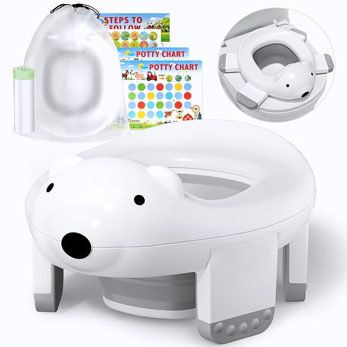 2 In 1 Portable Potty Seat, Travel Potty Seat for Toddlers with Safety Locks, Complete with Training Charts, Storage Bag and Liner Bags, 12 Months+(1 Pack)