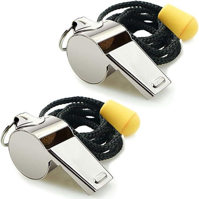 Whistle, 2 Pack Stainless Steel Sports Whistles with Lanyard, Loud Crisp Sound Whistles Great for Coaches, Referees, and Officials