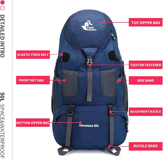 Bseash 50L Hiking Backpack, Water Resistant Lightweight Outdoor Sport Daypack Travel Bag for Camping Climbing Skiing Cycling (Navy Blue - With Shoe Compartment)