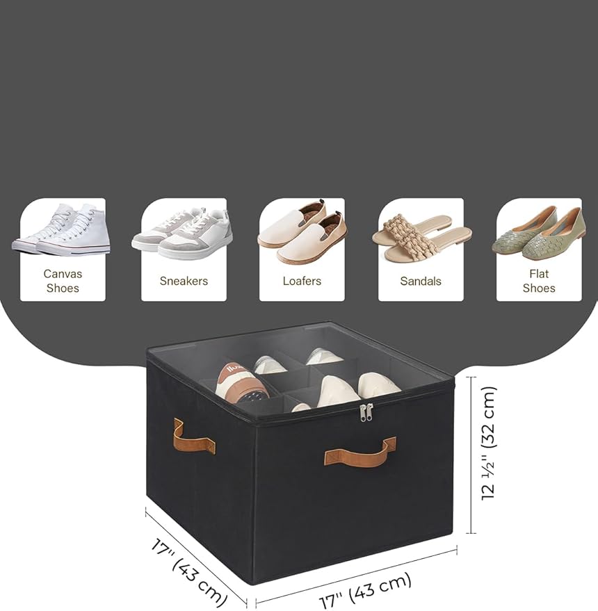 StorageWorks Shoe Organizer for Closet, Fits up to 16 Pairs, Shoe Cubby Storage Containers with Adjustable Dividers and Clear Cover, Black