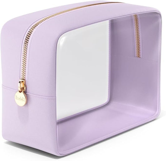 Clear Makeup Bag Zipper Pouch, Transparent Cosmetic Case Organizer, TSA Approved Travel Toiletry Case, Travel Accessories Essentials Makeup Tote for Women, Large Cute Make up Bag for Purse - Lilac