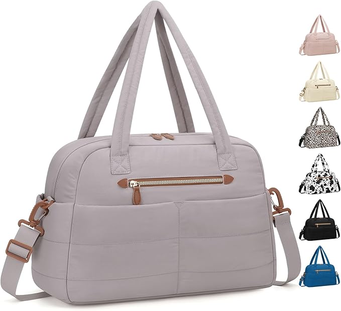 Travel Duffle Bag,Puffer Carry On Duffel Bag with Laptop Compartment Waterproof Overnight Weekender Bags for Women Large Hospital Tote Bags for Labor and Delivery(Medium,Khaki Gray）