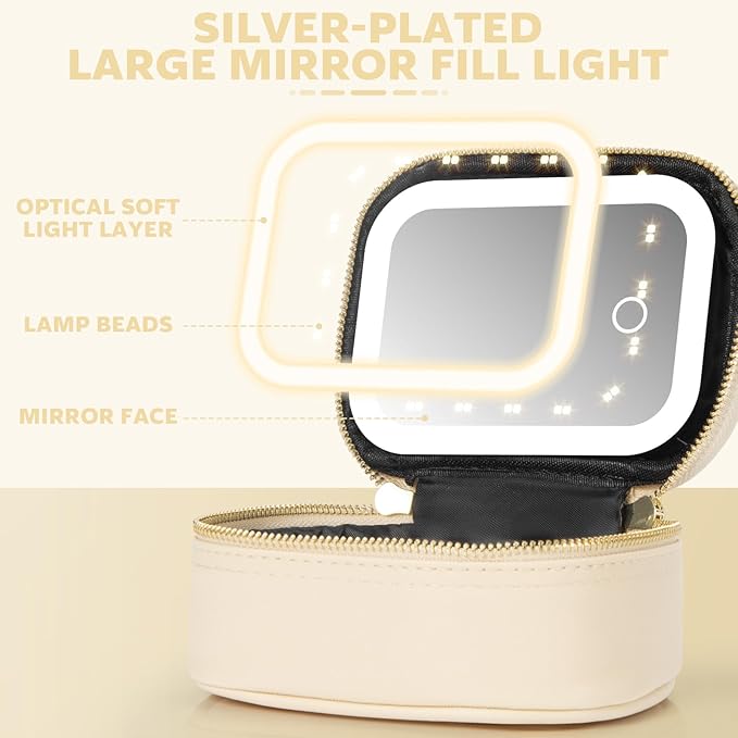 Small Makeup Bag Travel Train Case with Mirror and Light Mini Travel Small Make up for Women Train Case Cosmetic Organizer 3 Adjustable Brightness Toiletry Bag Portable Artist Storage