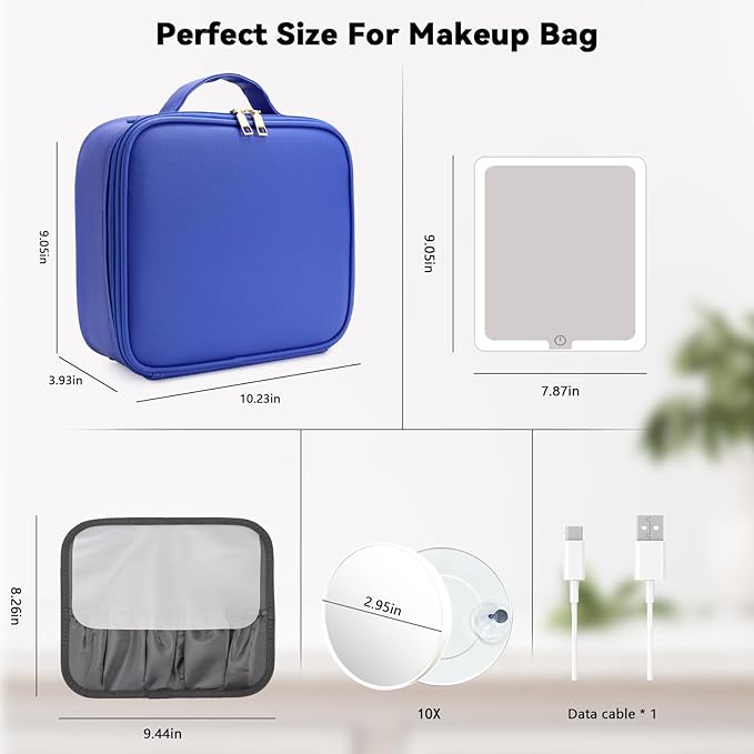 Travel Makeup Bag with LED Mirror and 10x magnifying glass with 3 Lighted Settings, Adjustable Dividers and Makeup Brush Storage Bag Dark Blue