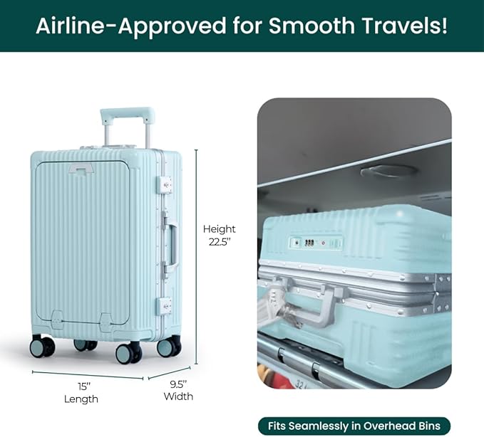 Nobl Travel Carry On Luggage, Noble Zipperless Aluminum Frame PC Hard Shell Suitcase, 22.5x15x9.5 Airline Approved, 360° Spinner Wheels, TSA Locks, USB Charging Port, Cup & Phone Holder - Baby Blue