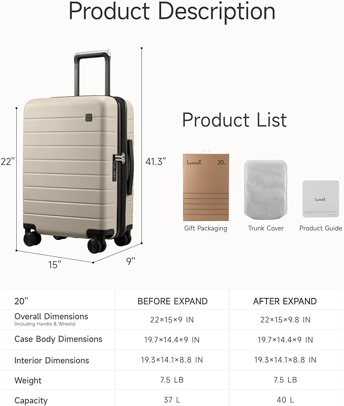 LUGGEX Carry On Luggage HUP3, Accelerate Access with DiHook, Handy Pouch, 20 inch Expandable Hard Shell Suitcases with Spinner Wheels