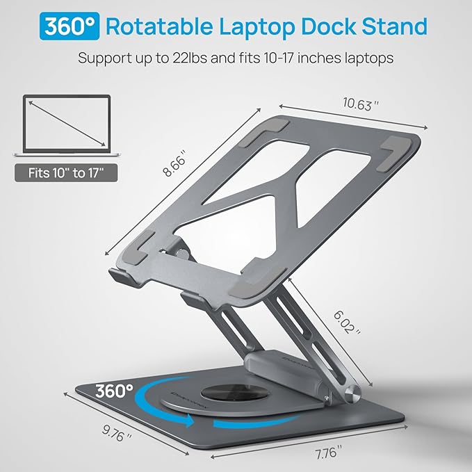 Adjustable Laptop Stand with 360 Rotating Base & USB Docking Station for MacBookPro/Air/Dell/HP/Lenovo, Portable Ergonomic Laptop Riser for Desk with USB Hub 100W PD/4K HDMI/Usb3.0/1000Mbps Ethernet