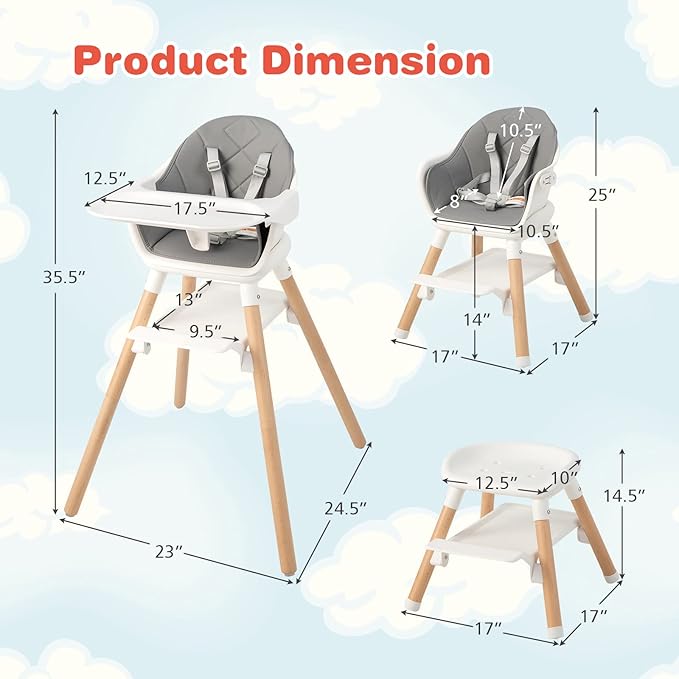 HONEY JOY Baby High Chair, 6 In 1 Convertible Wooden Highchair for Babies and Toddlers/Toddler Chair/Bar Stool, Removable Double Tray & Reversible Footrest, Safety Harness for Infant Boys Girls (Gray)