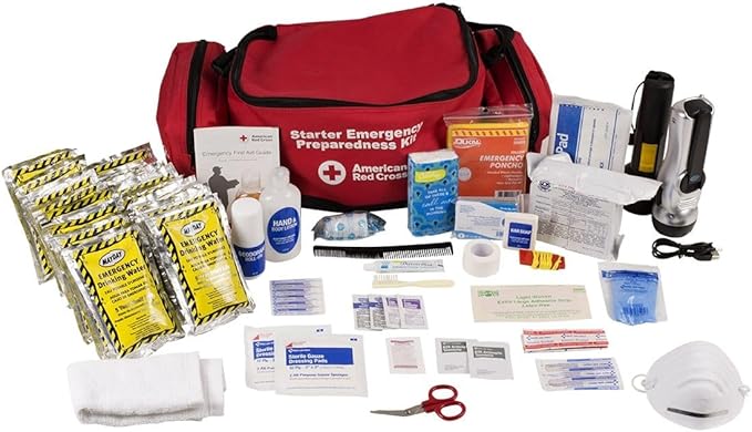 American Red Cross Officially Licensed Product, First Aid Concepts Basic Emergency Preparedness Starter Kit, 12 Hour Survival Supplies for 1 Person, Water, Phone Charger, Blanket, Food