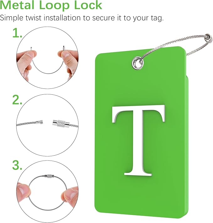 Gostwo 2 Pack Luggage Tags for Suitcases, 26 Initial Letter Travel Luggage Baggage Identification Labels ID Tag Fully Bendable Tags with Stainless Steel Loop (Green) (Letter T)