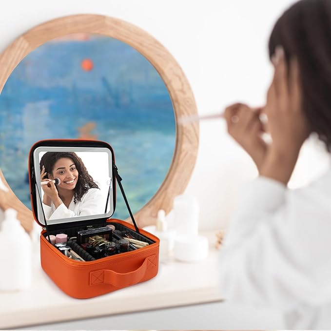 Travel Makeup Bag with LED Mirror Travel Makeup Organizer with 3 Lighted Settings, Adjustable Dividers and Makeup Brush Storage Bag Orange