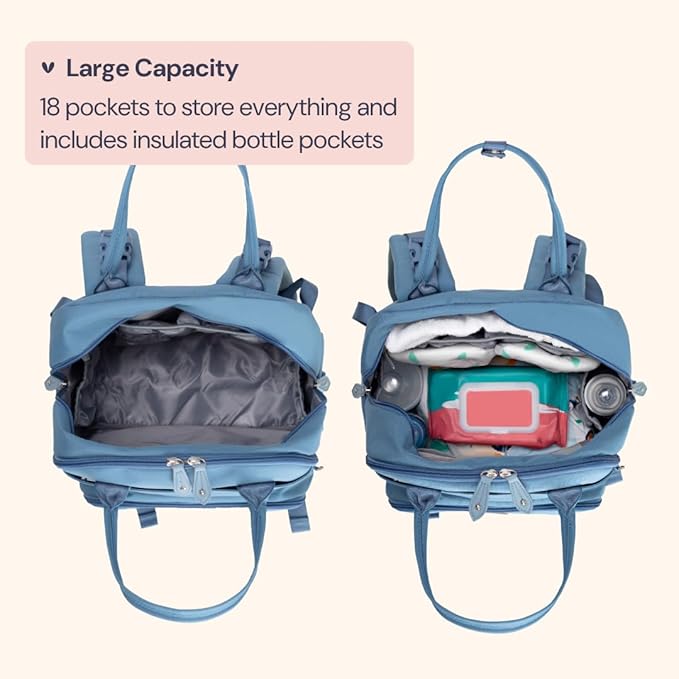 BabbleRoo Diaper Bag Backpack - Baby Essentials Travel Tote - Multi function Water Resistant Diaper Bag, Travel Essentials Baby Bag with Changing Pad, Stroller Straps & Pacifier Case - Light Blue