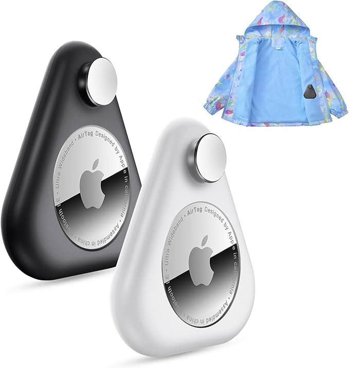 Airtag Holder for Kids Hidden 2 Pack Upgraded GPS Tracker Case, Anti-Removal Airtag Hard Case with Safety Pins, Avoid Airtag Loss, Suitable for Children, Elderly, Pets, Backpack, Luggage(White Black)