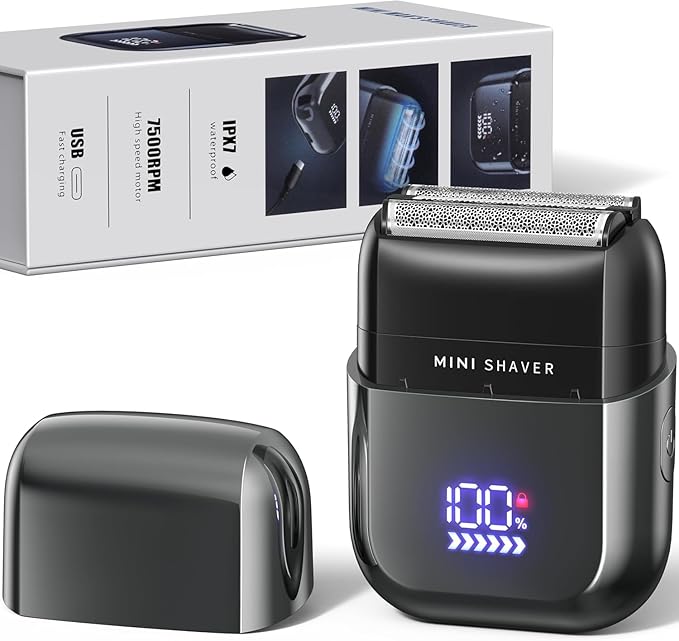 Telfun Mini Electric Foil Shavers for Men, Portable Men's Travel Facial Hair Groomer, USB-C Electric Beard Shaver with Full Body Waterproof & Big LED Display, Close Face Shaver for Head, Beard, & Neck