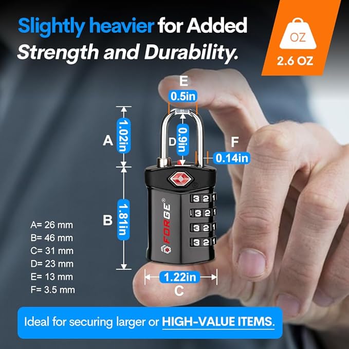 Forge Travel Lock,TSA Approved Luggage Locks for Air Travel, Gym Lockers, School Lockers, Pelican Cases, Gun Case, Easy Read Dials, Durable Alloy Body