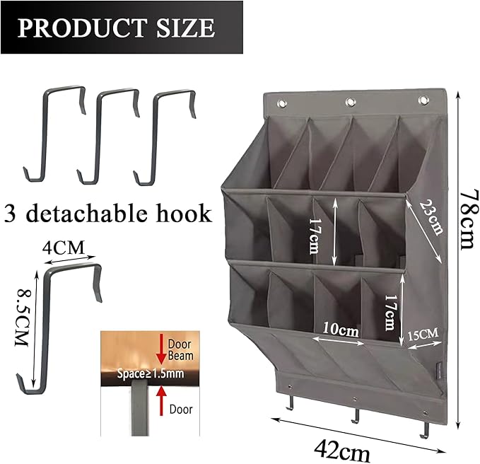 Over the Door Shoe Organizer, Grey 12 Pockets Hanging Shoe Storage Rack with Large Deep Pockets, Oxford 600D Fabric Shoe Storage Rack with 6 hook for Shoes, Home Accessories etc