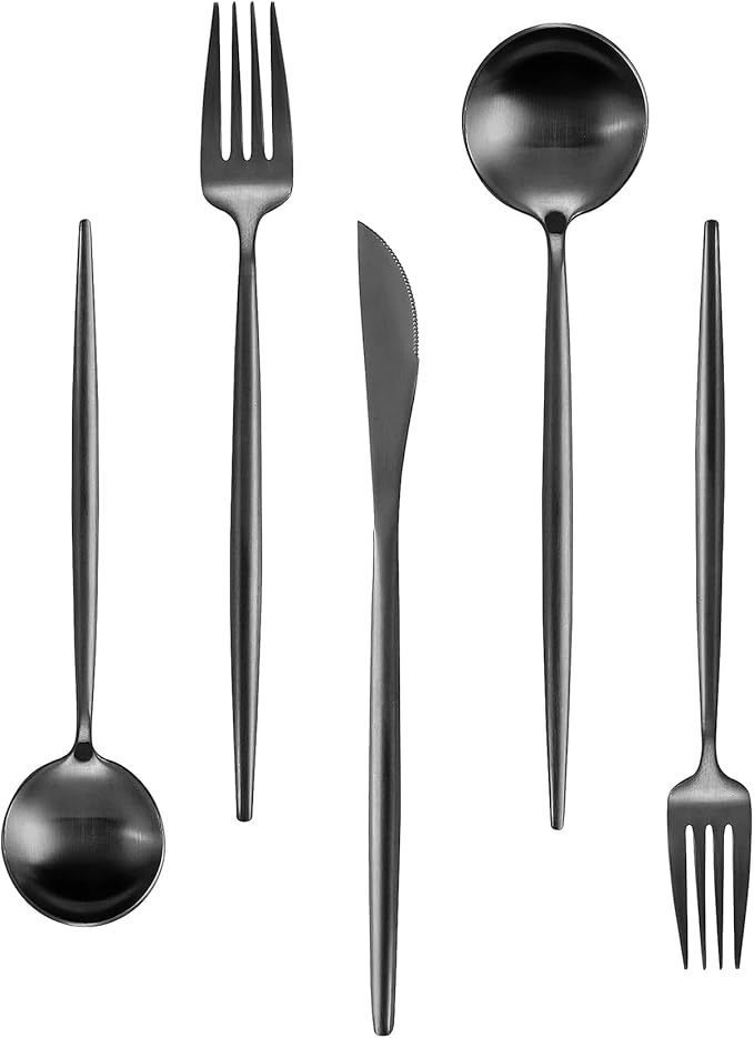 Silverware Set for 8, IBIILII JEFF 40 Pieces Stainless Steel Flatware Set，Matte Black Kitchen Utensil Set, Tableware Cutlery Set, Spoons And Forks Set, Satin Finished Polished & Dishwasher Safe