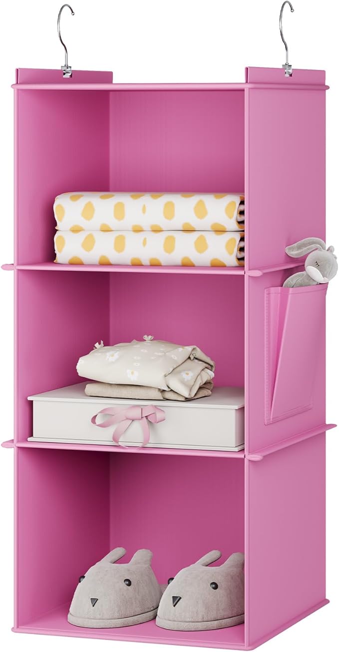 YOUDENOVA Hanging Closet Organizer, 3-Shelf Closet Hanging Storage Shelves, Light Pink