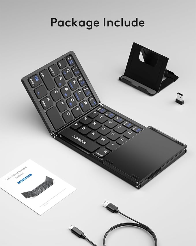 Samsers Multi-Device Foldable Bluetooth Keyboard with Touchpad, Rechargeable Dual-Mode(2.4G+BTx2) Wireless Keyboard with Holder, Portable Folding Keyboards for Android Windows iOS Mac OS - Black